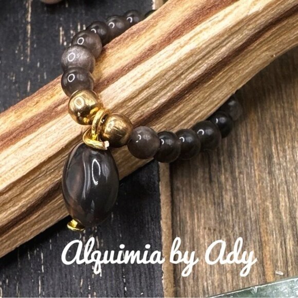 Boho black obsidian beaded ring with charm - Picture 1 of 2